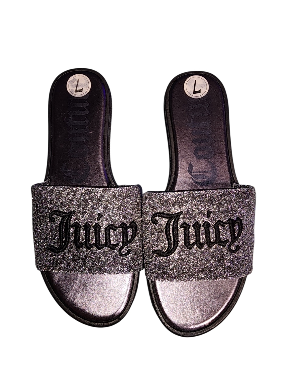 Juicy Couture Yuna Black Glitter Logo Slide Sandals